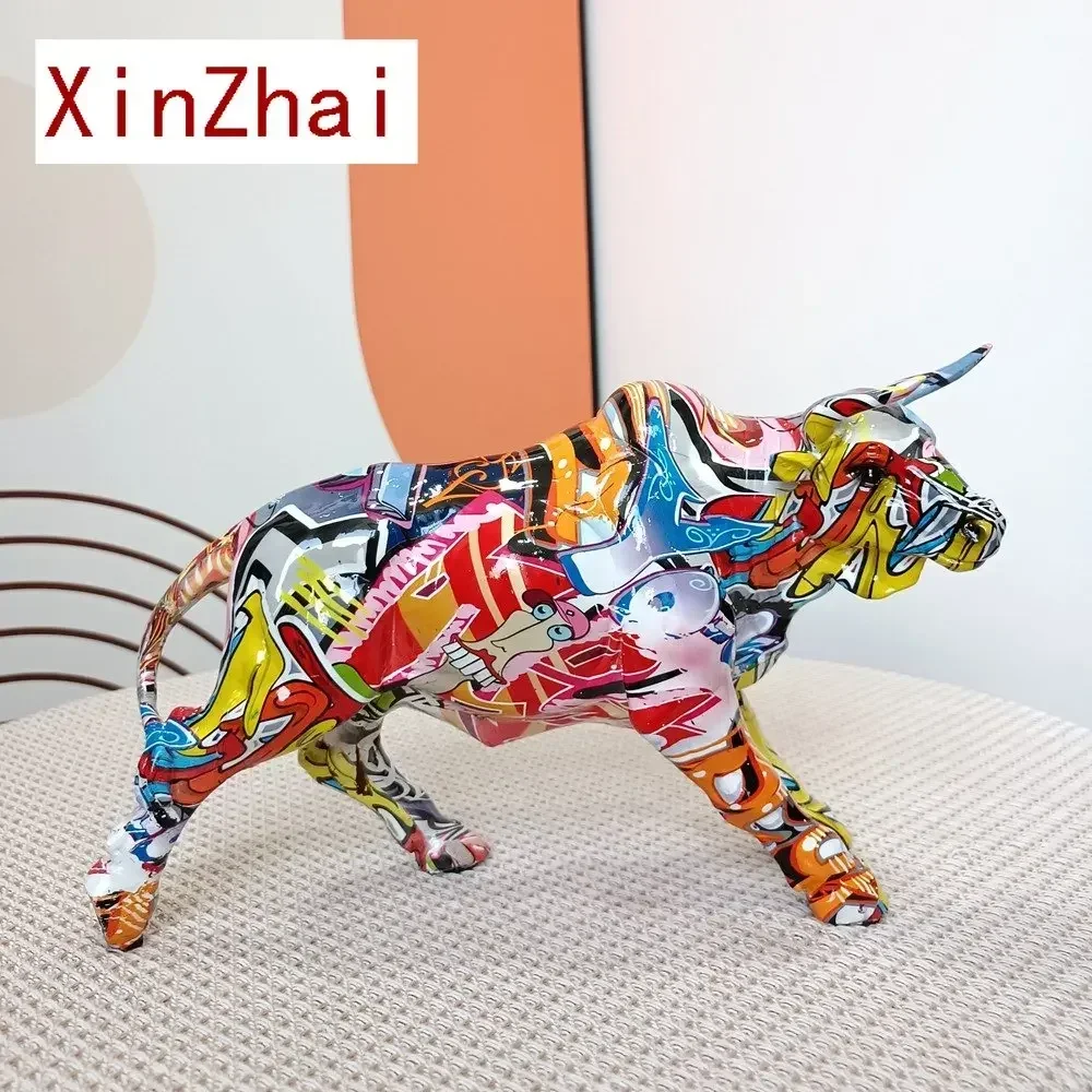 Graffiti Charging Bull Statue Resin Miami Animal Feng Shui Art Modern Sculpture Home Living Room Decoration Office Figurine Gift