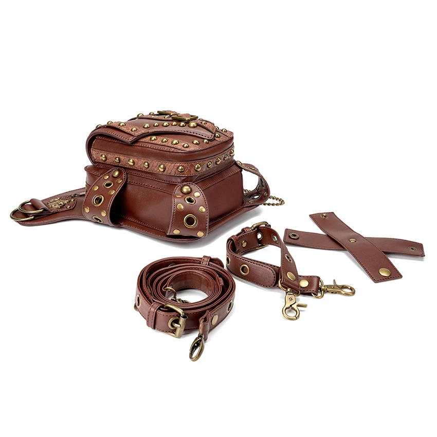 Medieval Vintage Bag Chain Women Steampunk Motorcycle Satchel Shoulder Fanny Pack Hip Sack Backpack PU Leather Crossbody Bag Man