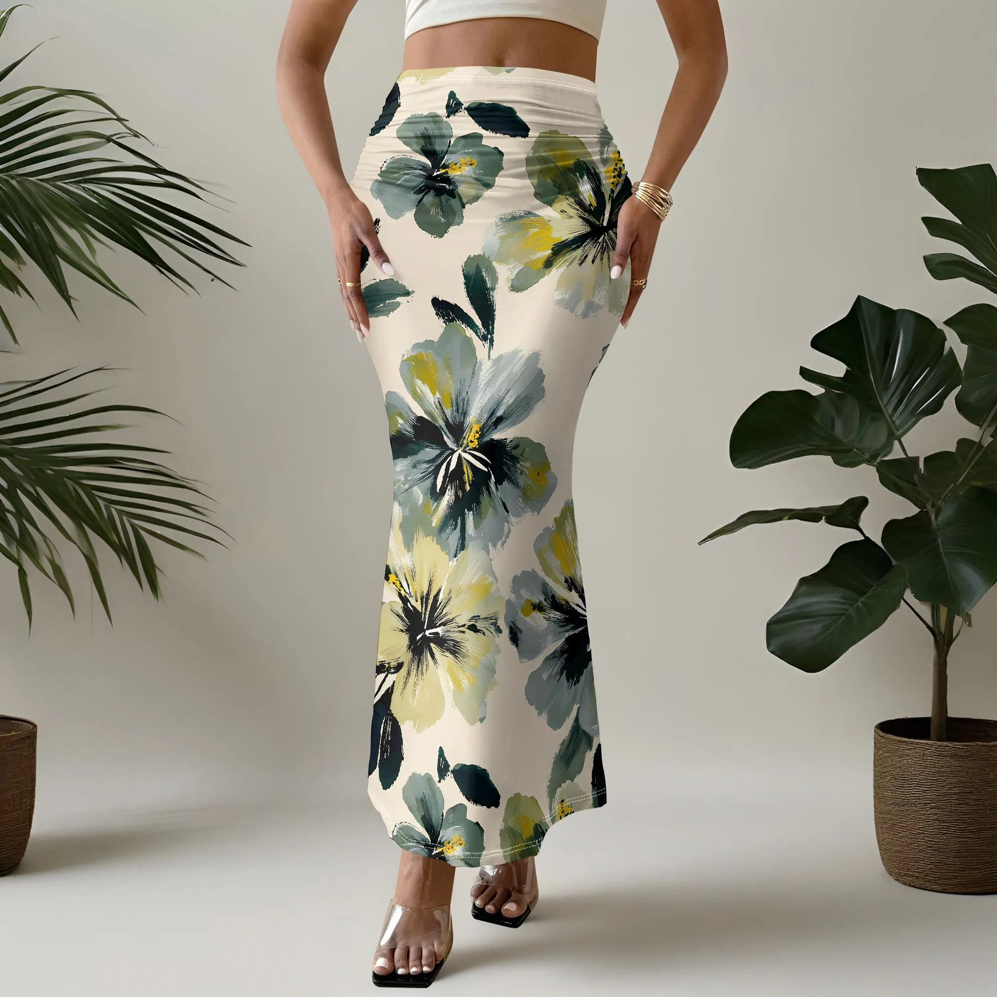 Floral Print Mermaid Skirt, High Waist Bodycon Midi Skirt, Summer Beach Vacation Outfit, S-3XL