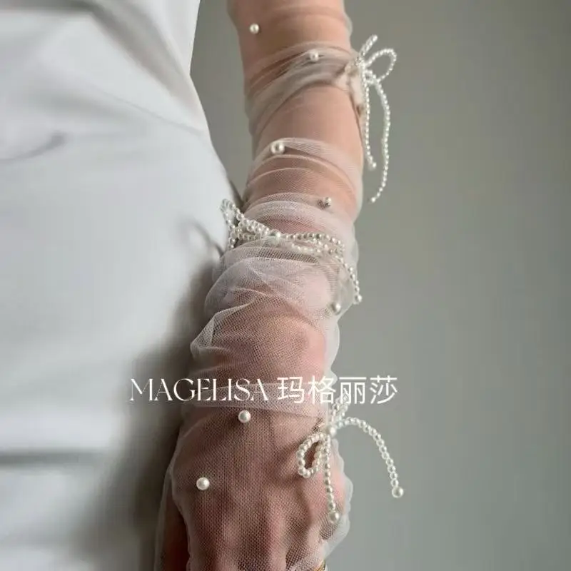 Bridal gloves white mesh long imitation pearl hand yarn tube top dress wedding accessories full finger wedding gloves