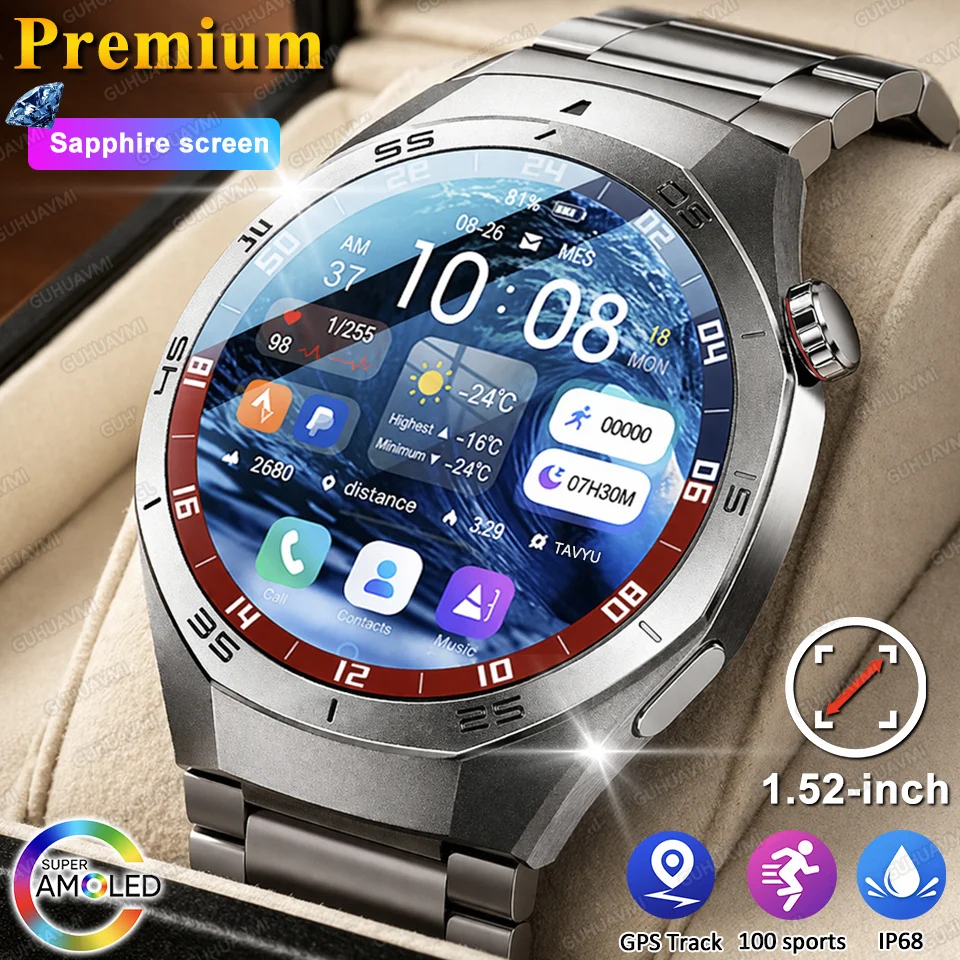

Новые смарт-часы 2026 года с AMOLED-дисплеем и сапфировым стеклом, высококлассные, для мужчин, 1,52 дюйма, GPS, IP68 водонепроницаемые, с Bluetooth-звонками, спортивные, для здоровья, умный браслет для женщин