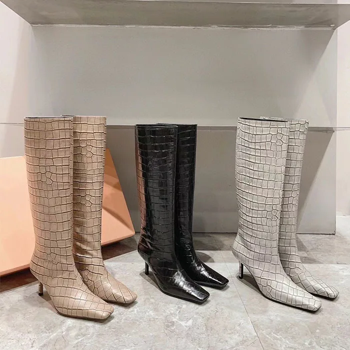 Dedo do pé quadrado retro crocodilo padrão stiletto joelho-botas altas deslizamento-on moda tamanho grande longo botines feminino botas femininas