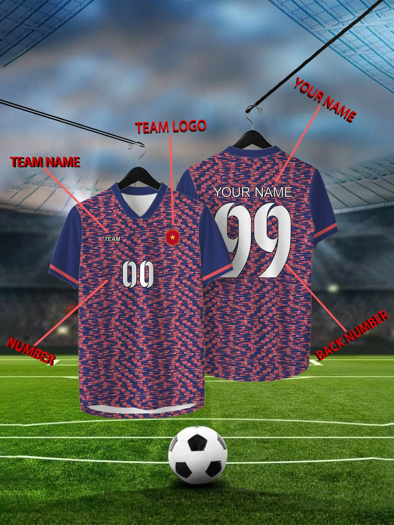 

Customized Geometric Deep Blue Short Sleeved Shirt with Team Name, Emblem, Name and Number, Outdoor Sports Short Sleeved T-shirt