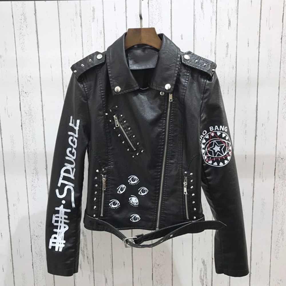 Leather Jacket Women Spring Fall Winter Pu Motorcycle Coat Print Punk Gothic Biker Rivet Outerwear