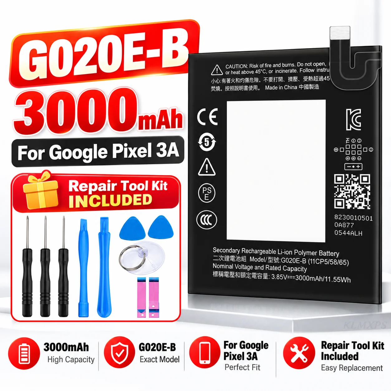 Replacement Battery G020E-B for Google Pixel 3A 3000mAh Li-ion Polymer Battery with Screwdriver Tool Set