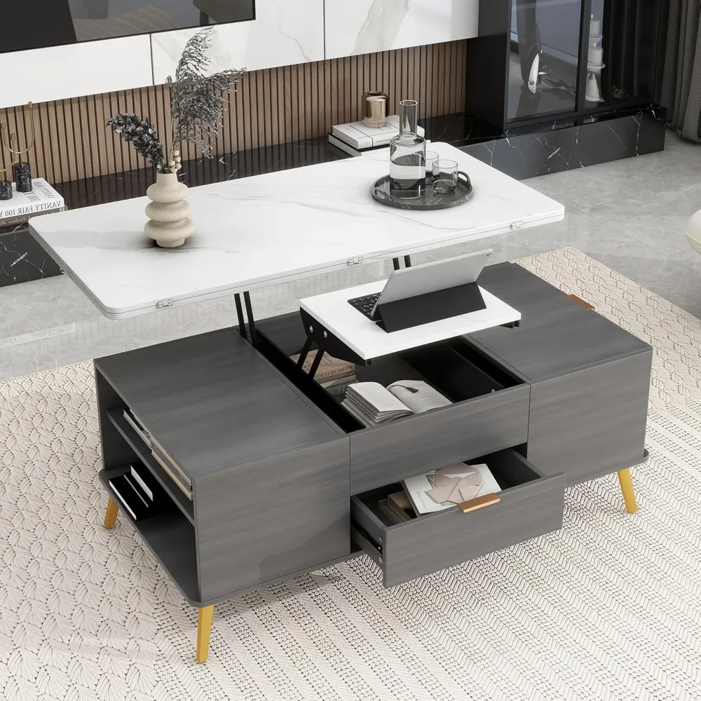 Lift Top Coffee Table with Storage Drawers, Modern Living Room Convertible Tables Dining Tables, Multi Functional Coffee Table