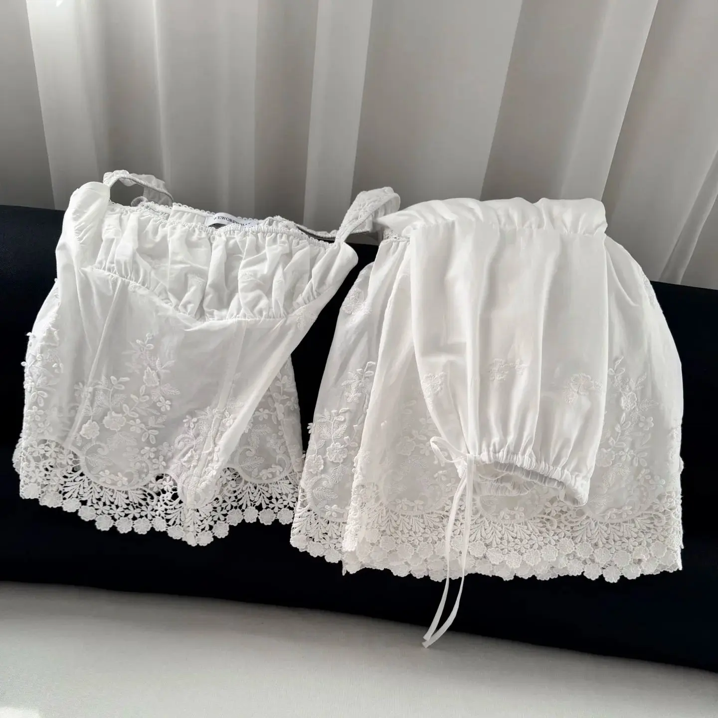 Women Floral Embroidery Hollow Out Casual White Cotton Set Square Collar Sleeveless Vest tops + Elastic Waist A-Line Long Skirt