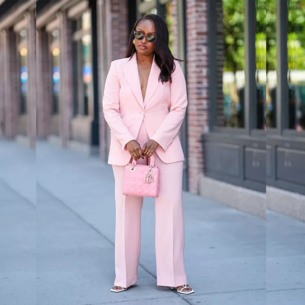 

Customized Chic two Pieces Suit Set for Women One Button Peak Lapel Jacket Pant Set Loose Fit Office Daily Life Female Clothing