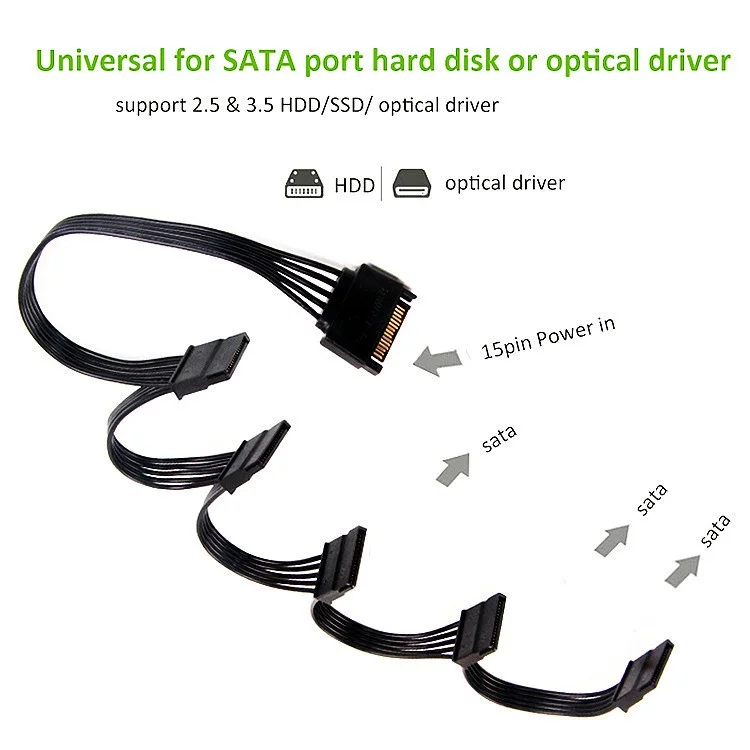 SATA 15Pin Male 1 to 5 SATA 15Pin Female Hard Drive HDD Power Splitter Cable Cord 60CM