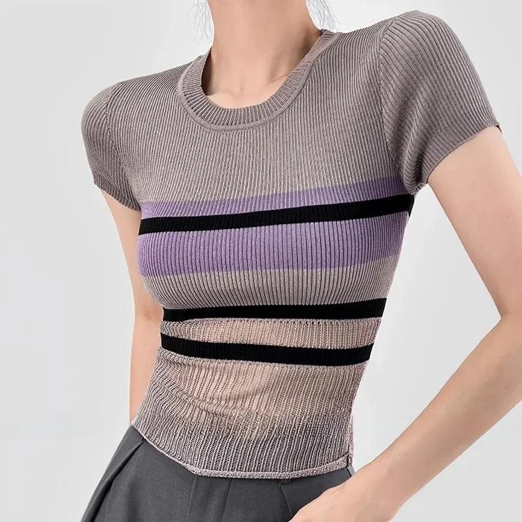 2024 Spicy Girl Perspective Color Striped Short Sleeve Knitted Sweater Women's Summer Round Neck Slim Fit Look Unique Top