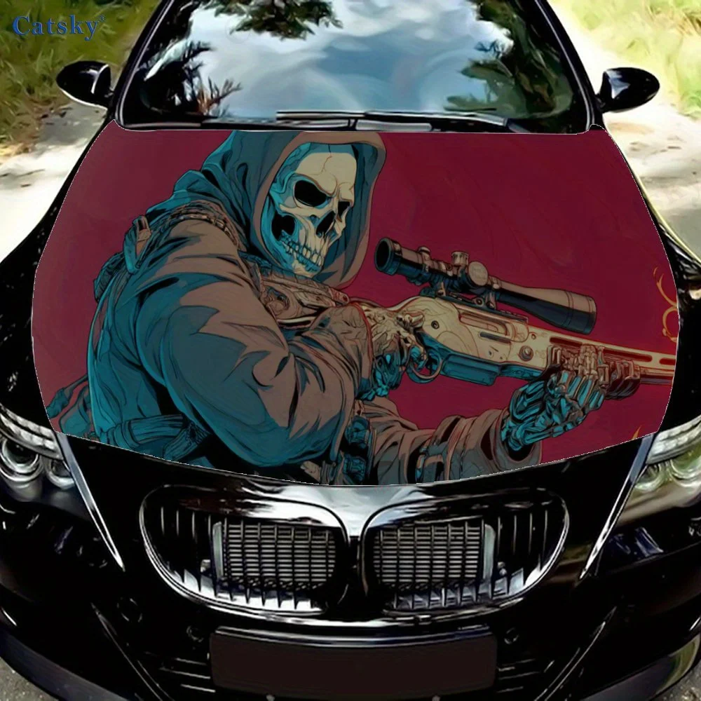 

Edgy Skull Gunman Art Car hood decals, car cover decorative stickers, and vinyl wraps for cars, SUVs and trucks. Self-adhesive,
