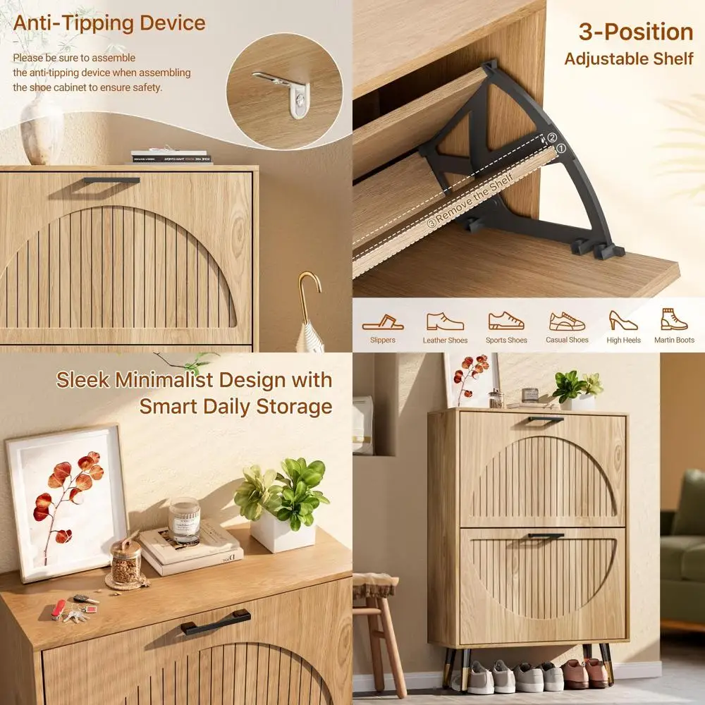 

Slim Shoe Rack Cabinet with 2 Drawers, Stylish Round Panel, Metal Legs & Handle for Entryway Storage