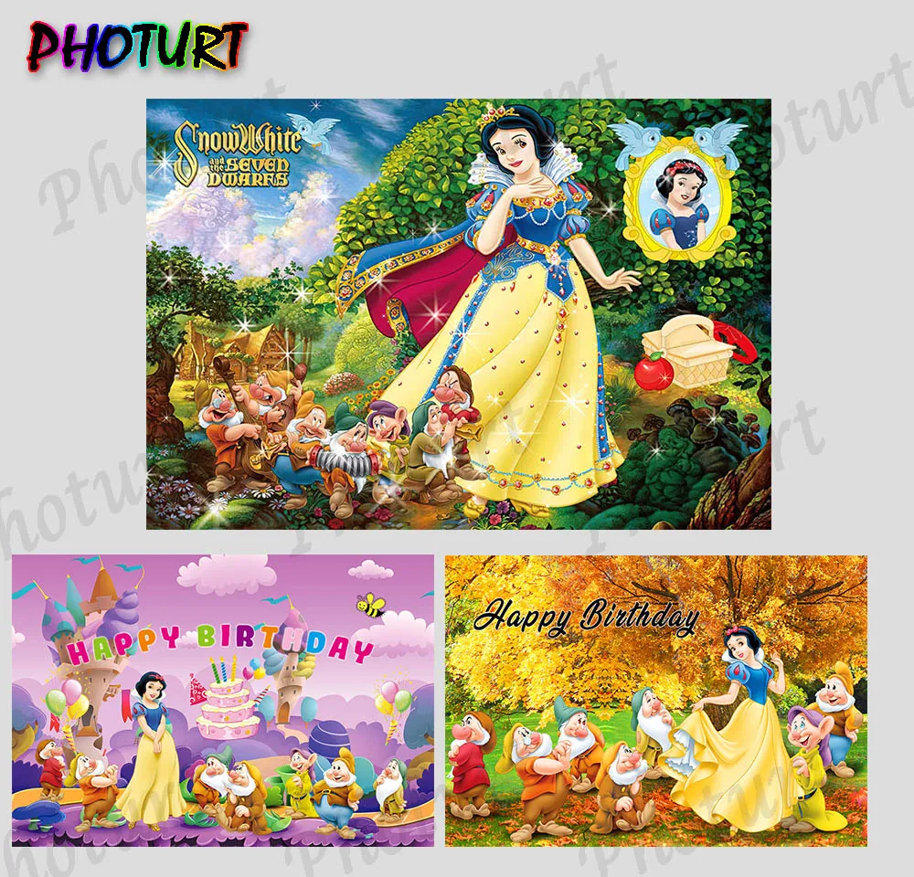 

Disney Snow White Princess Backdrop Girl Birthday Party Decoration Background Seven Dwarfs Vinyl Photography Booth Props