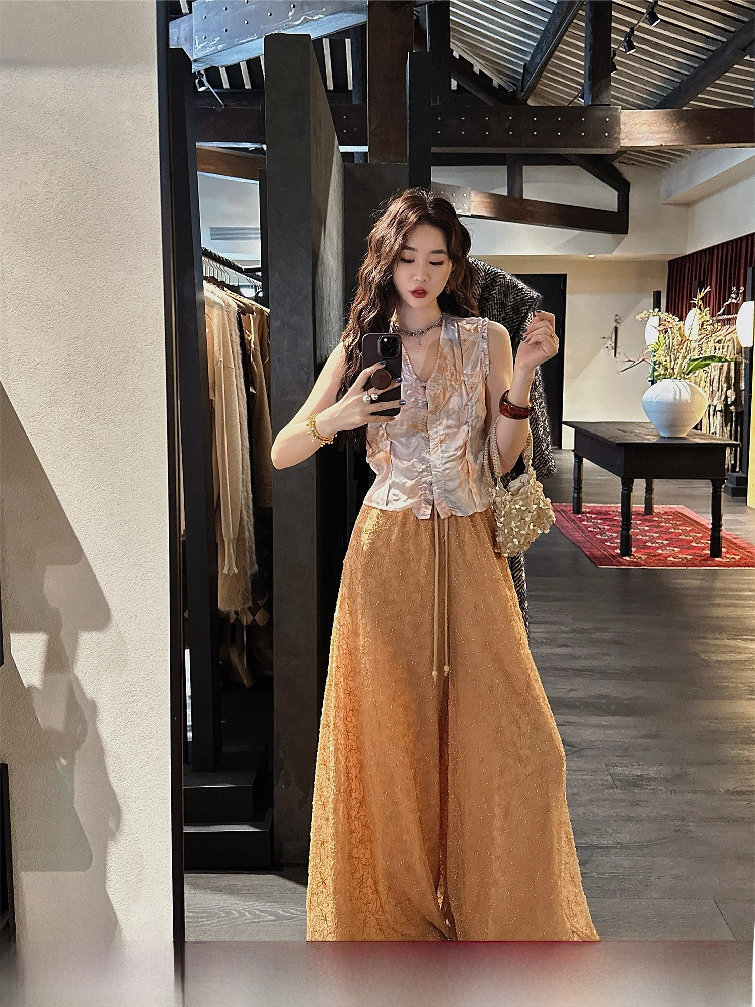 

Sanji Bla Flower New Chinese Sle Embroidered Rope Wide Leg Pants Women's Summer Thin New Faion Casual Straight Leg Pants