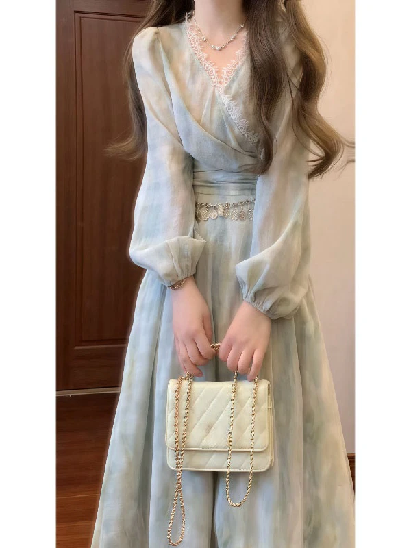 

Elegant V-neck Top And Skirt Two-piece Set Spring 2026 Fashion Trend Polyester Fiber Long Sleeve French Style Ensemble