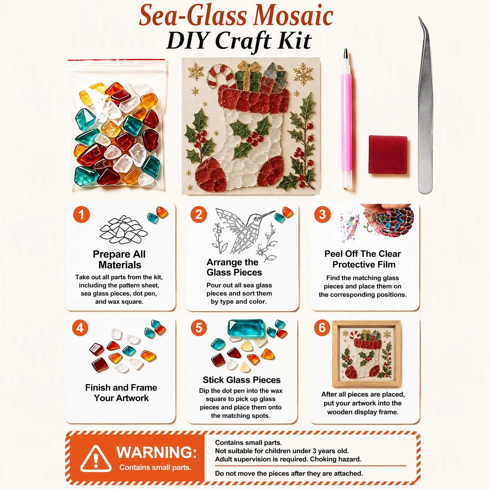 Sea Glass Mosaic Home Decor Kit 8 Pieces Glass Tiles Pre-Printed Board Mini Wood Easel Jute Rope Gift Box - view 4