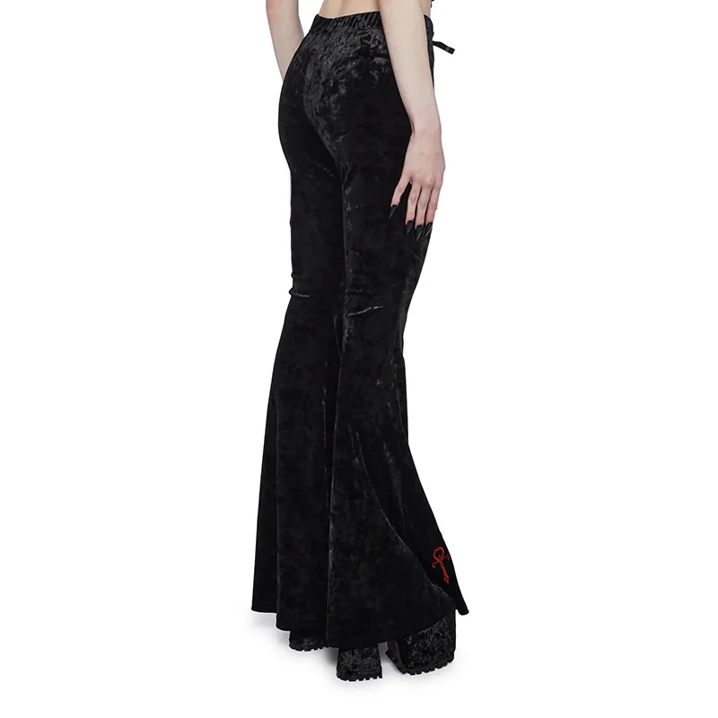 Goth Dark Samt Hohe Taille Flare Hosen Harajuku Mode Kreuz Stickerei Weiche Lange Hose Frauen Herbst Mall Gothic Dünne Hose