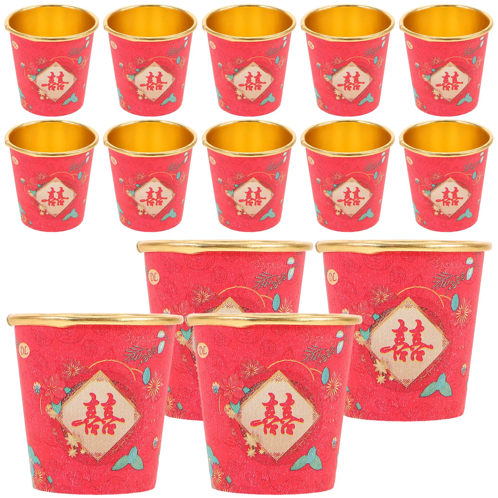 50Pcs Red Paper Cups Chinese Wedding Theme Symbol Mini Cups for Tea Wine Toast Party Disposable Drinkware