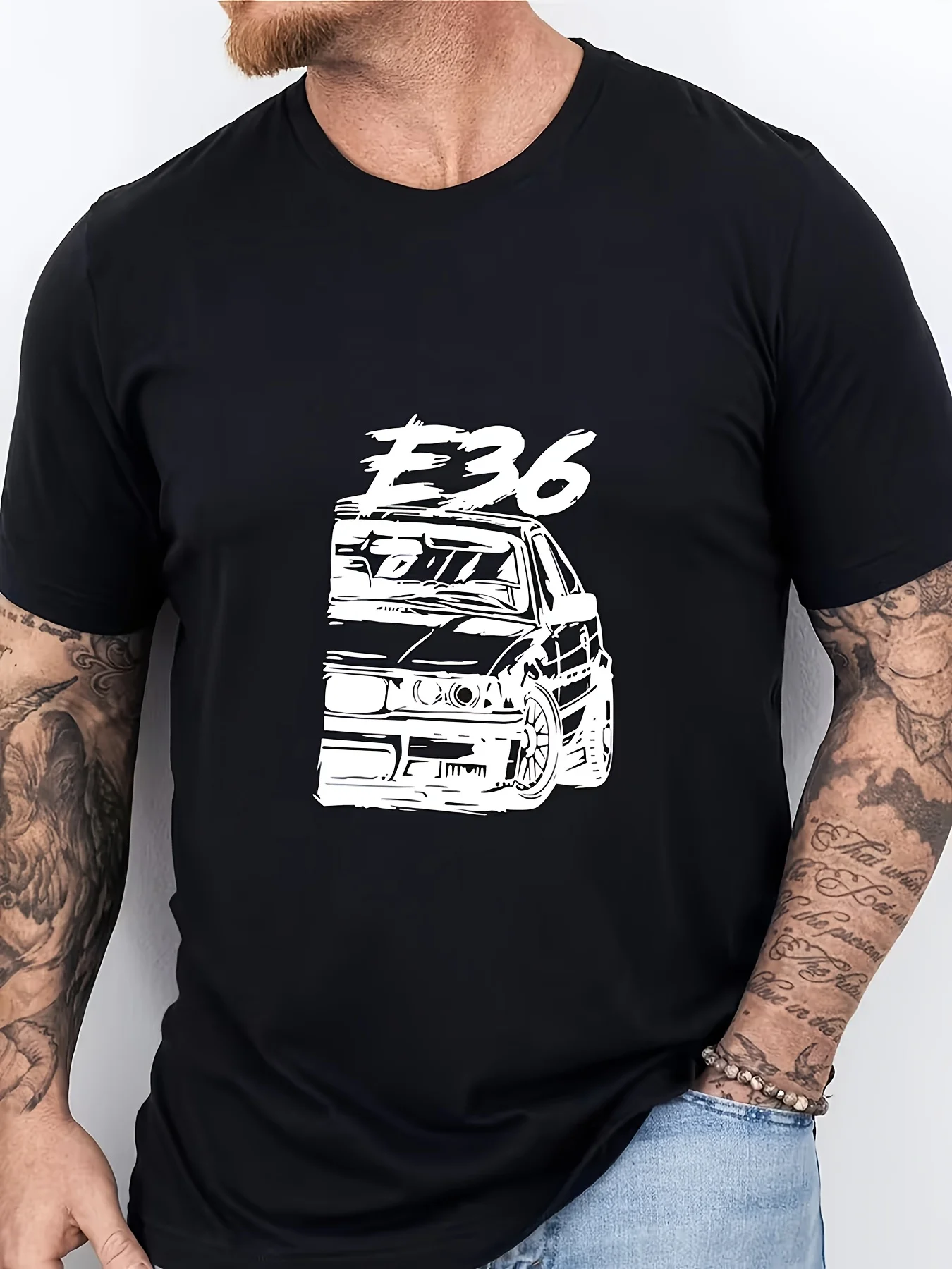 T-shirt léger multicolores pour homme |   T-shirt décontracté à col rond imprimé motif voiture E36, coupe ample, lavable en machine, idéal pour l'été