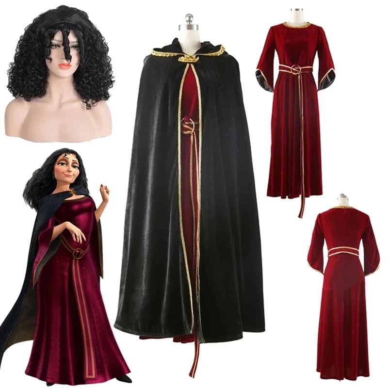 

High Quality Full sets Halloween Christmas Rapunzel Mother Gothel Cosplay Costum handsel Black Curly Wig Party Accessories Prop