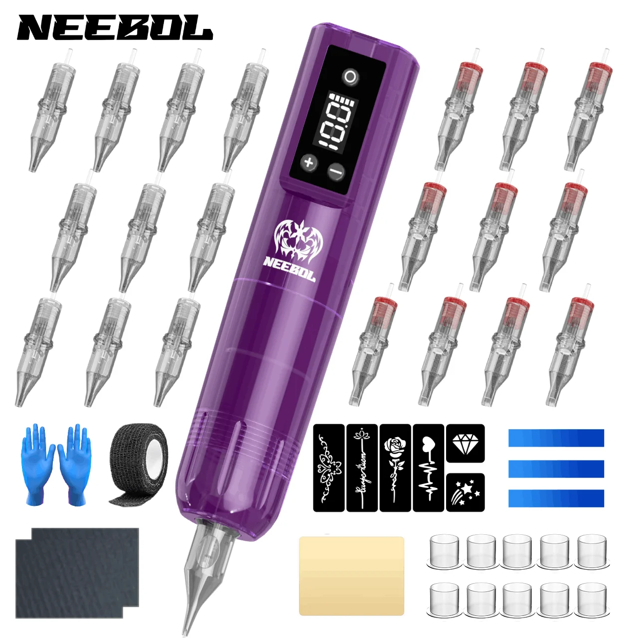 Kit complet de Machine à tatouer, pistolet à tatouer réglable Neebol, batterie 1600MAH, 5-12V, haute vitesse de 10000 tr/min à faible bruit