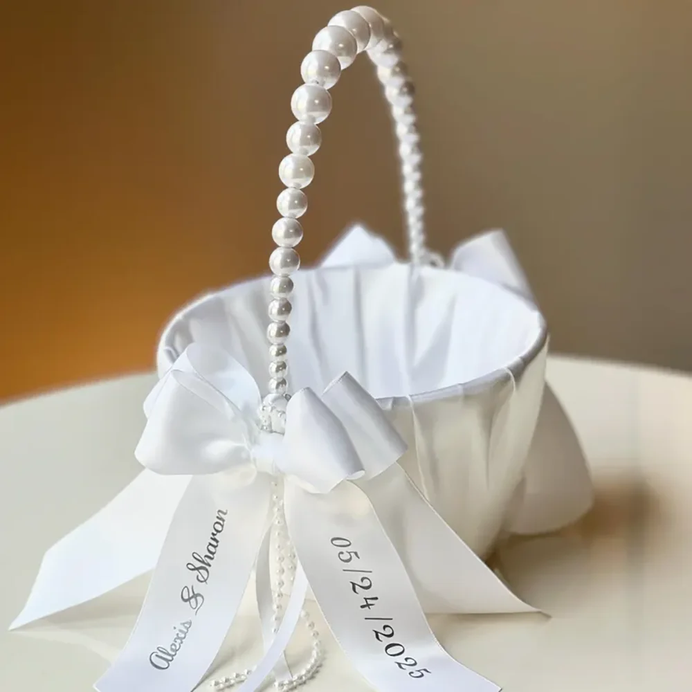 

Custom Flower Girl Basket Pearl Handle Wedding Basket with Bow Ribbon Proposal Bachelorette Party Bridal Shower Newlywed Gift