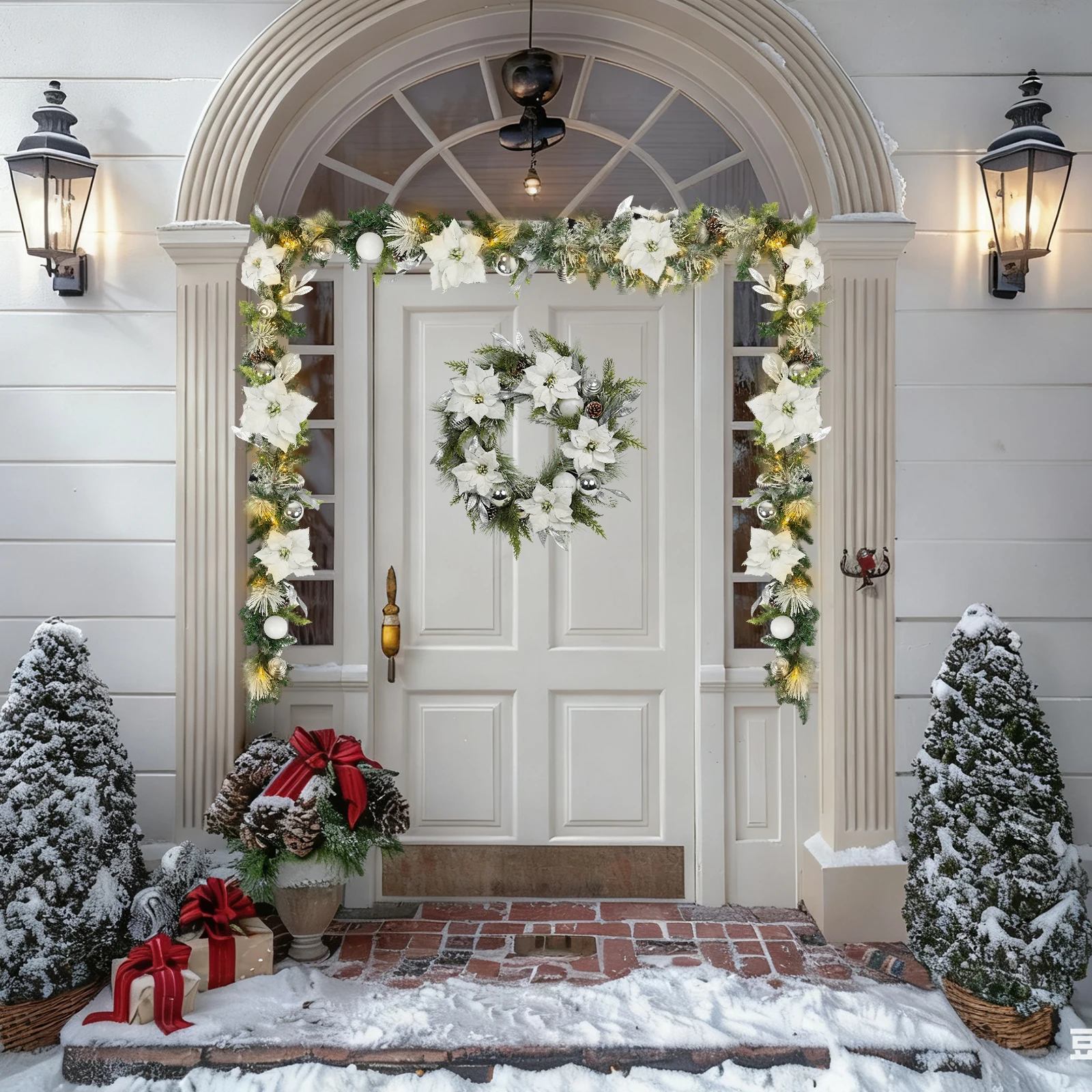 Lighted Christmas Garland for Mantle, Fireplace, Stairs, Garland for Front Door Pre-lit 9 Feet Winter White Silver Poinsettia Garland with 100 LED Lights, Timer Operated In/Out Door Decor - view 6