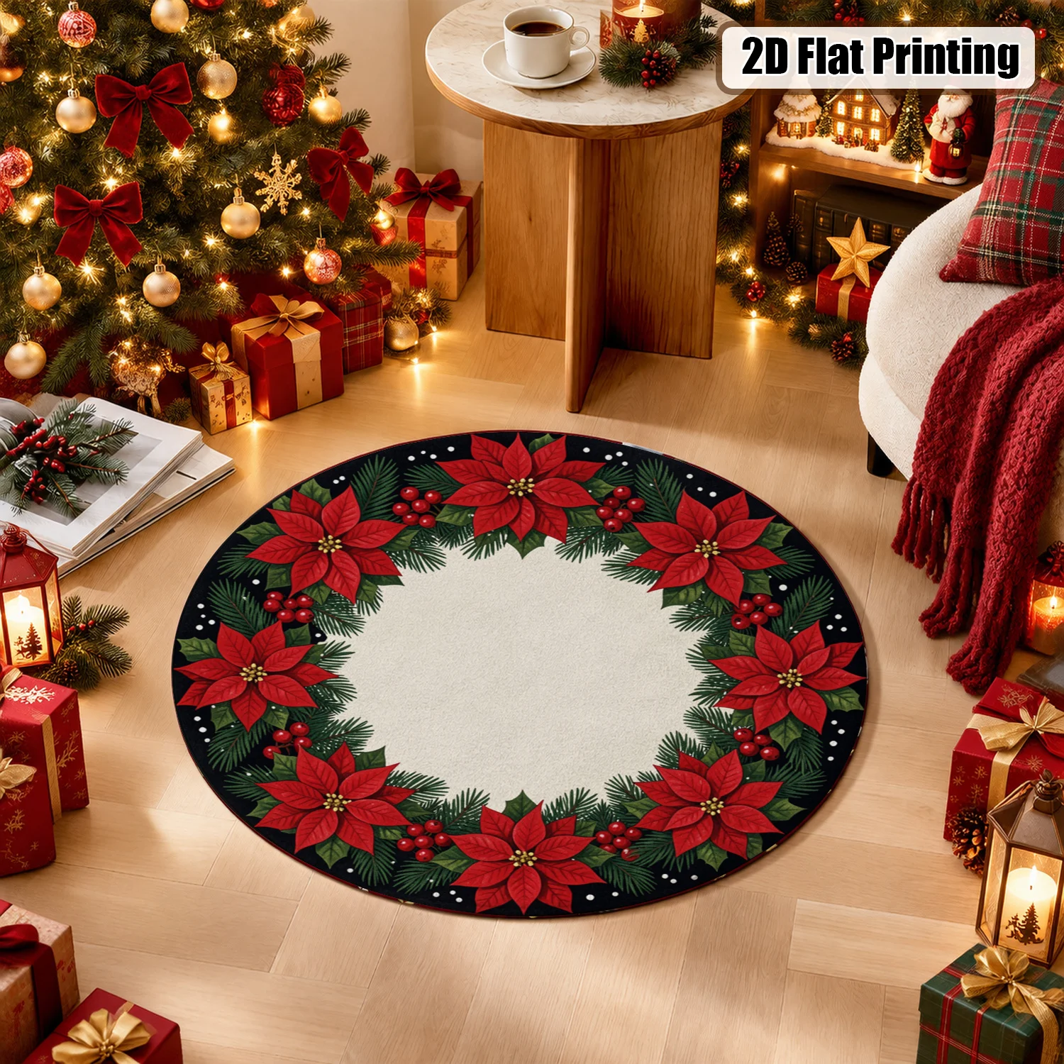 Poinsettia Pine Wreath Round Velvet Placemat Machine Washable Suitable for Dining Table Kitchen Counter Holiday Table Halloween Thanksgiving Christmas New Year Black Friday Cyber Monday