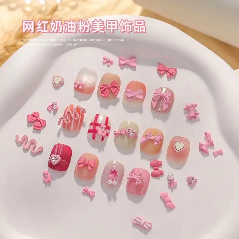 20pcs/lot Kawaii Pink Love Heart Sailor Moon Bow Nail Art Parts Crystal Manicure Nails Accesorios Supplies Decorations Charms