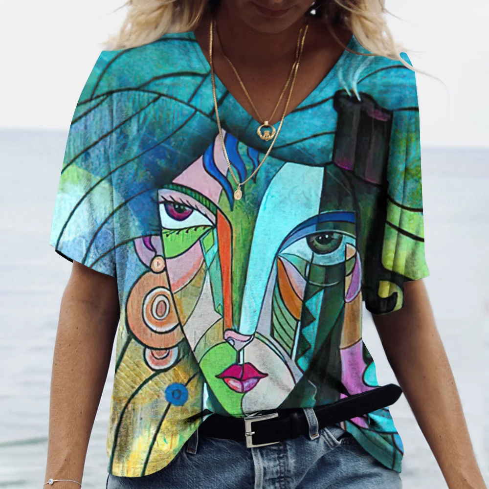 Summer Abstract Art Face 3D Print T-shirts Women Fashion Streetwear Short Sleeve V-Neck T Shirt Harajuku Tees Tops Clothing