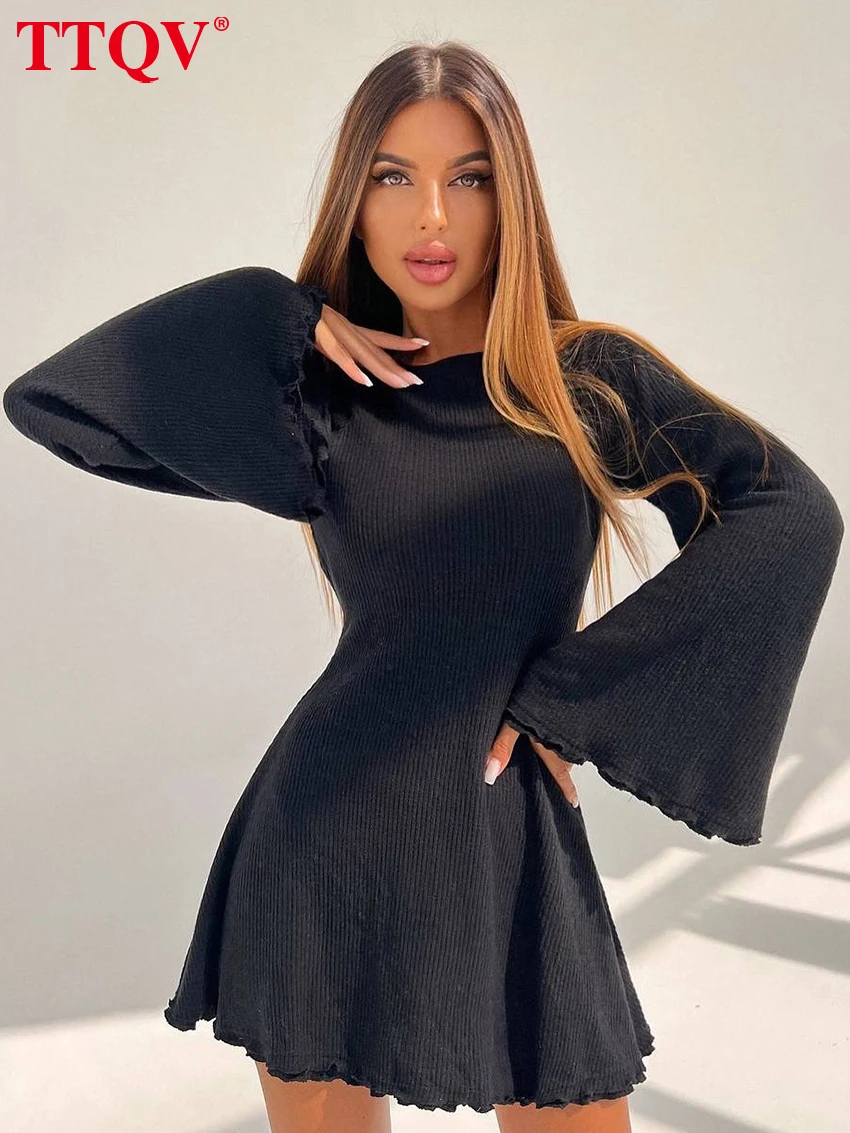 

TTQV Fashion Slim Knitted Women Dress 2026 Bodycon O-Neck Long Sleeve Mini Dresses Elegant Classic Solid Female Dress Streetwear