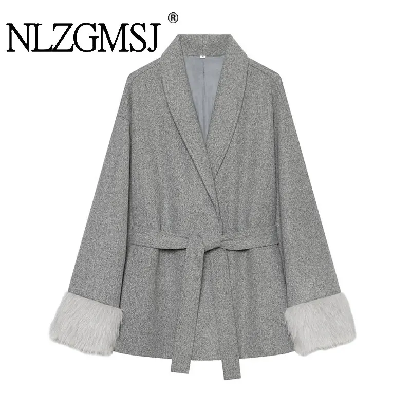 NLZGMSJ Women High Street Chic Belt Jackets Solid Long Sleeve Covered Loose Coats New Fashion 2026 Autumn Outwears