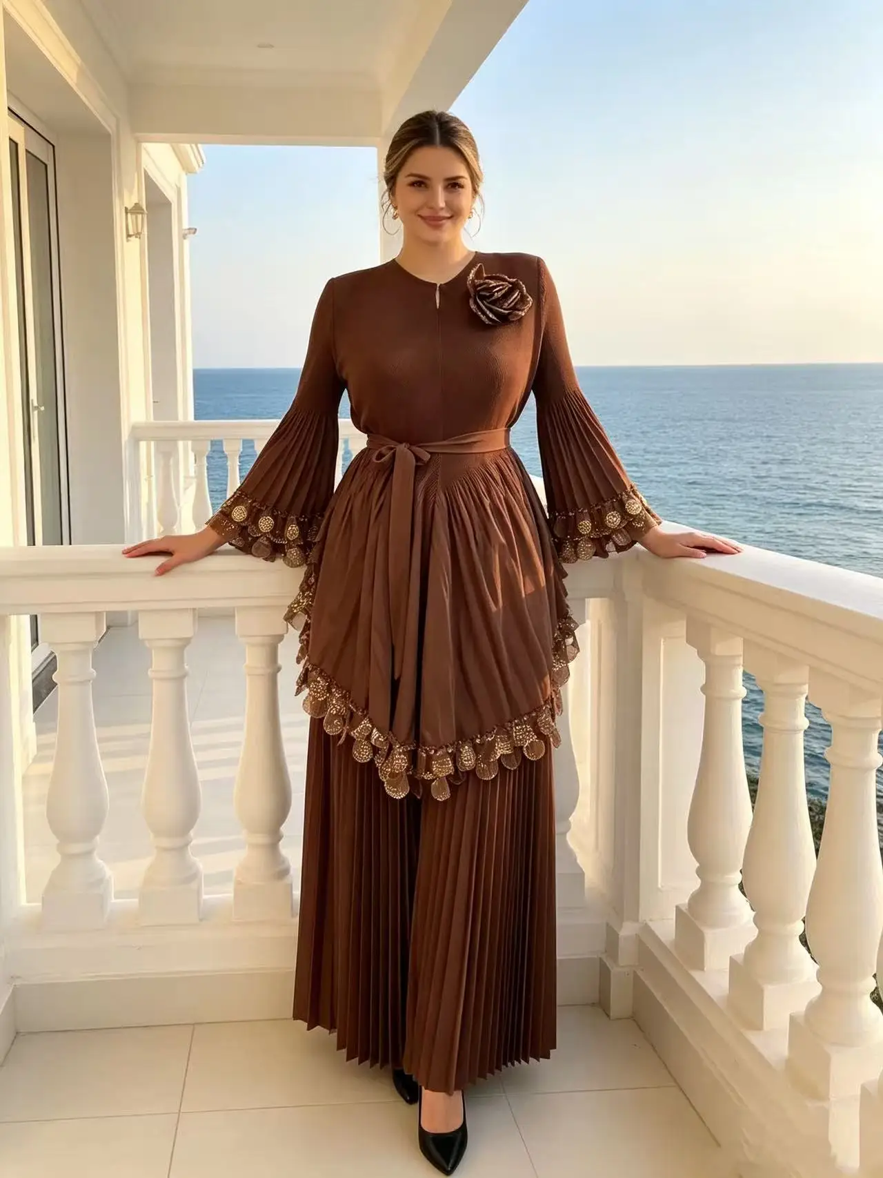 2026 Miyake African Pleated High-end Fashion Loose Suit Women's Bronzing Three-dimensional Flower Wide-leg Pants Two-piece Set