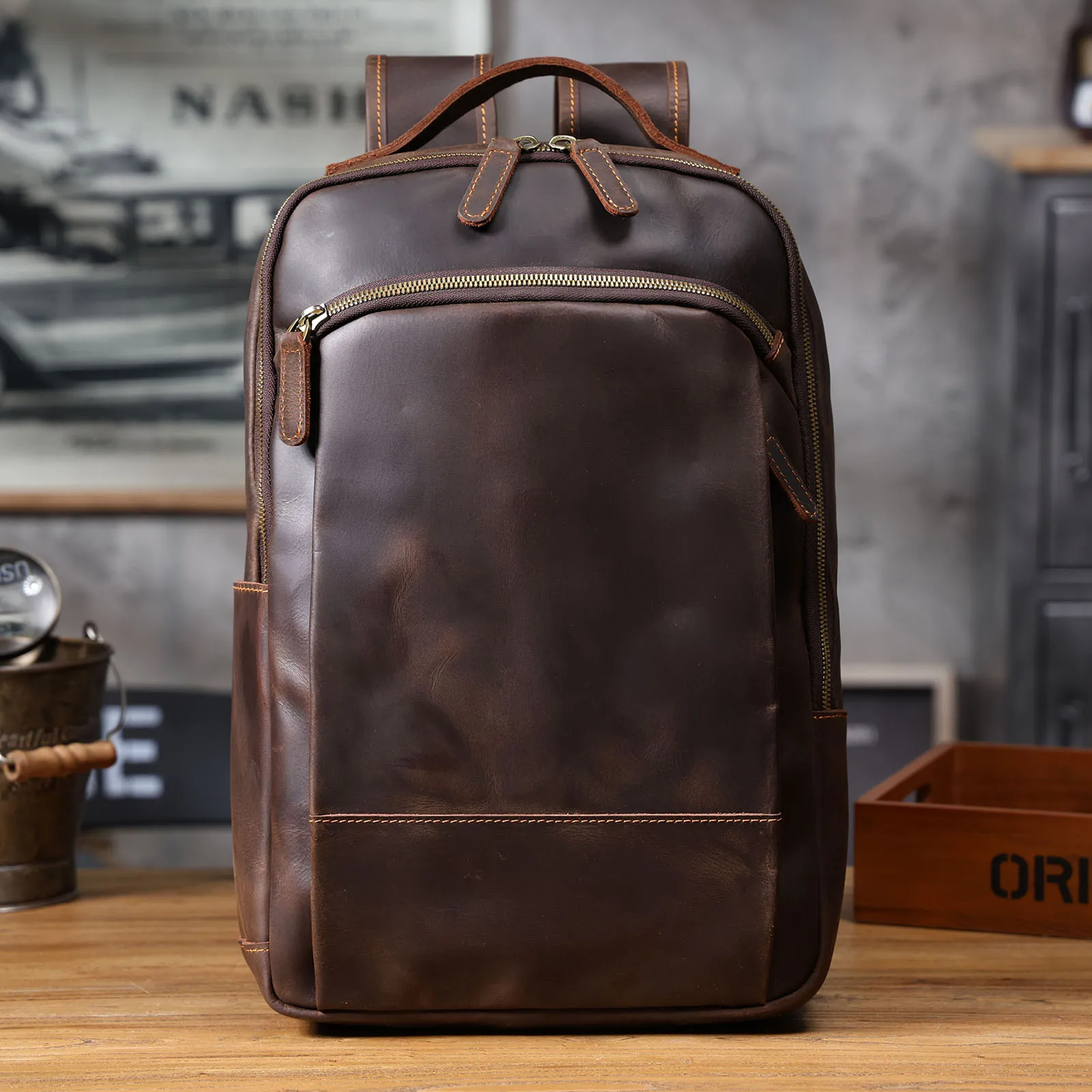 S.WORKER Vintage Echtleder-Rucksack 16“ Laptop-Tasche Crazy-Horse-Leder Schultasche Outdoor-Reise-Weekender-Schultertasche – Detail 7