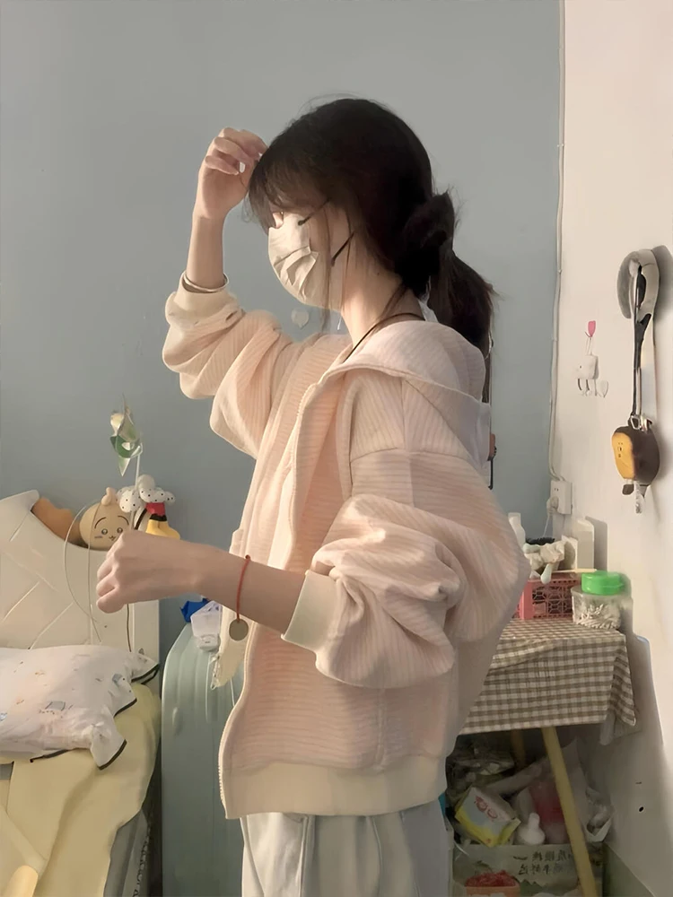 Koreański kardigan w paski z kapturem, rozpinany, damski, długi sweter, casualowy, w stylu lazy, zapinany na zamek, kurtka, nowość na jesień.