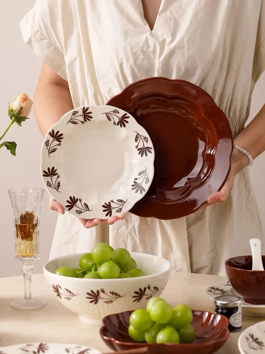 2026 New Retro Brown Ceramic Tableware Set Bowl Plate For Family Hotel Dinner