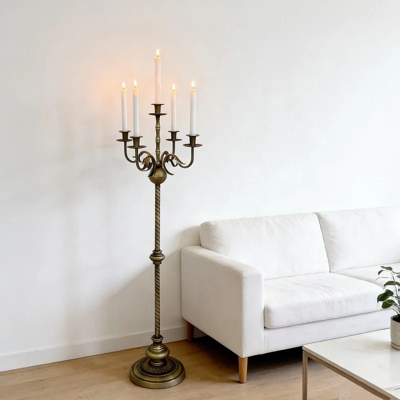 

Модный тренд: Роскошный пятирожковый кованый напольный подсвечник из бронзы под старину, экологичный, для Рождества и свадеб