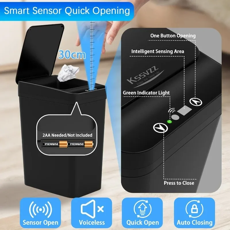 3 عبوات من سلة مهملات الحمام الصغيرة الأوتوماتيكية مع غطاء - سلة قمامة بدون لمس سعة 2.5 جالون، سلة مهملات ذكية بمستشعر الحركة، سلة رفيعة D