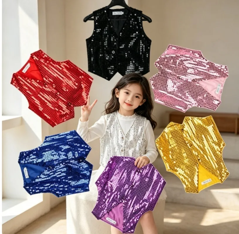

Kids Sequin Hip Hop Vest Glitter Performance Vest Soft Stretchy S-L Reversible Shine for Street Dance Stage Show