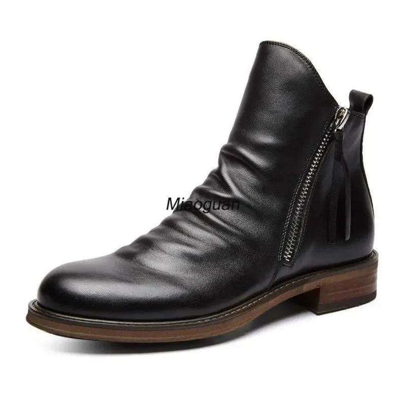 Men\'s PU Leather Chelsea Boots 2024 Fashion High-top Tassel Zip Shoes Spring Autumn Ankle Boots for Men Comfort Plus Size 38-48