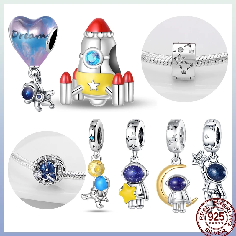 

925 Sterling Silver Astronaut Rocket Starry Sky Universe Charm Beads Suitable Fit Pandora 925 Original Bracelet DIY Jewelry Gift