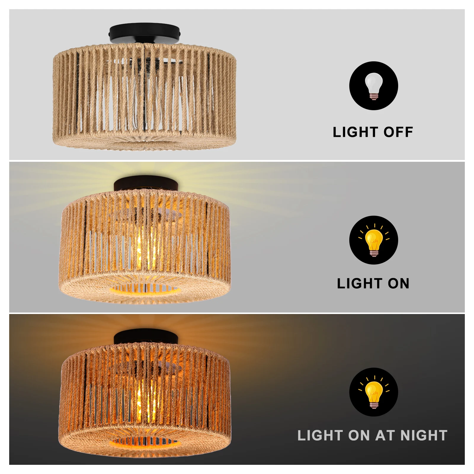 

Round Ceiling Light Farmhouse Vintage Semi Flush Mount Rattan Woven Pendant Lamp for Kitchen Living Room Hallway