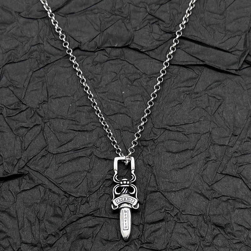 

S925 sterling silver retro old double-sided sword pendant necklace personality temperament cross