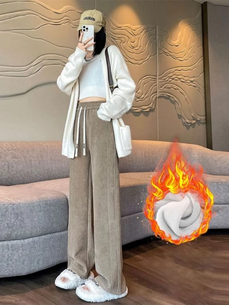 Wijde broek Damesbroek Herfst Winter Nieuwe verdikte joggingbroek met hoge taille Losse dunne casual broek Broek met rechte pijpen