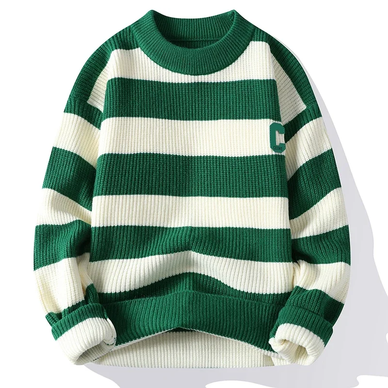 

Pop Autumn/Winter Men's Pullover Round Neck Loose Striped Contrast Letter Warm And Thick Casual Fashion Elegant Commuting Knitwe