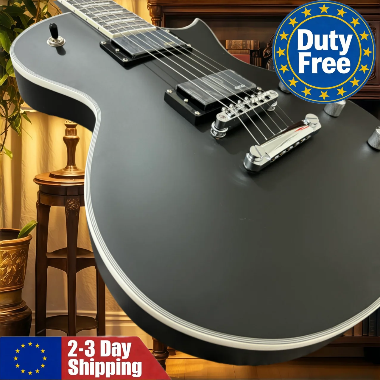 Deutscher, versandfertiger, schwarzer E2 Rock 6-Saiter-Gitarre mit Palisanderhals, HH-Tonabnehmern und fester Brücke – Instrument für Musikliebhaber