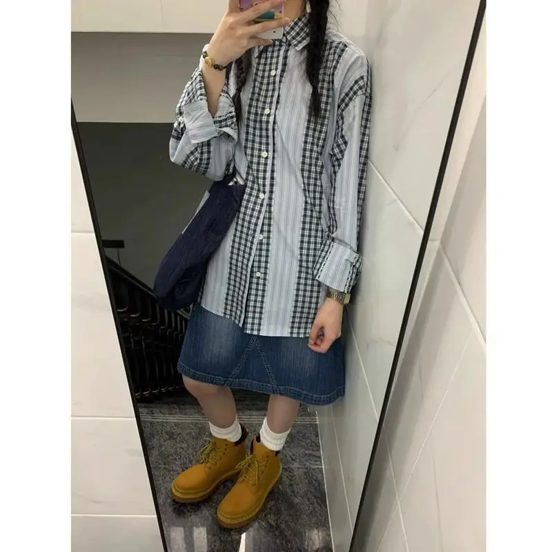 Japanse Vintage Patchwork Plaid Shirt Vrouwen 2025, Lente Revers Lange Mouw Blouse Y2k Fashion Design Losse Tops Mujer