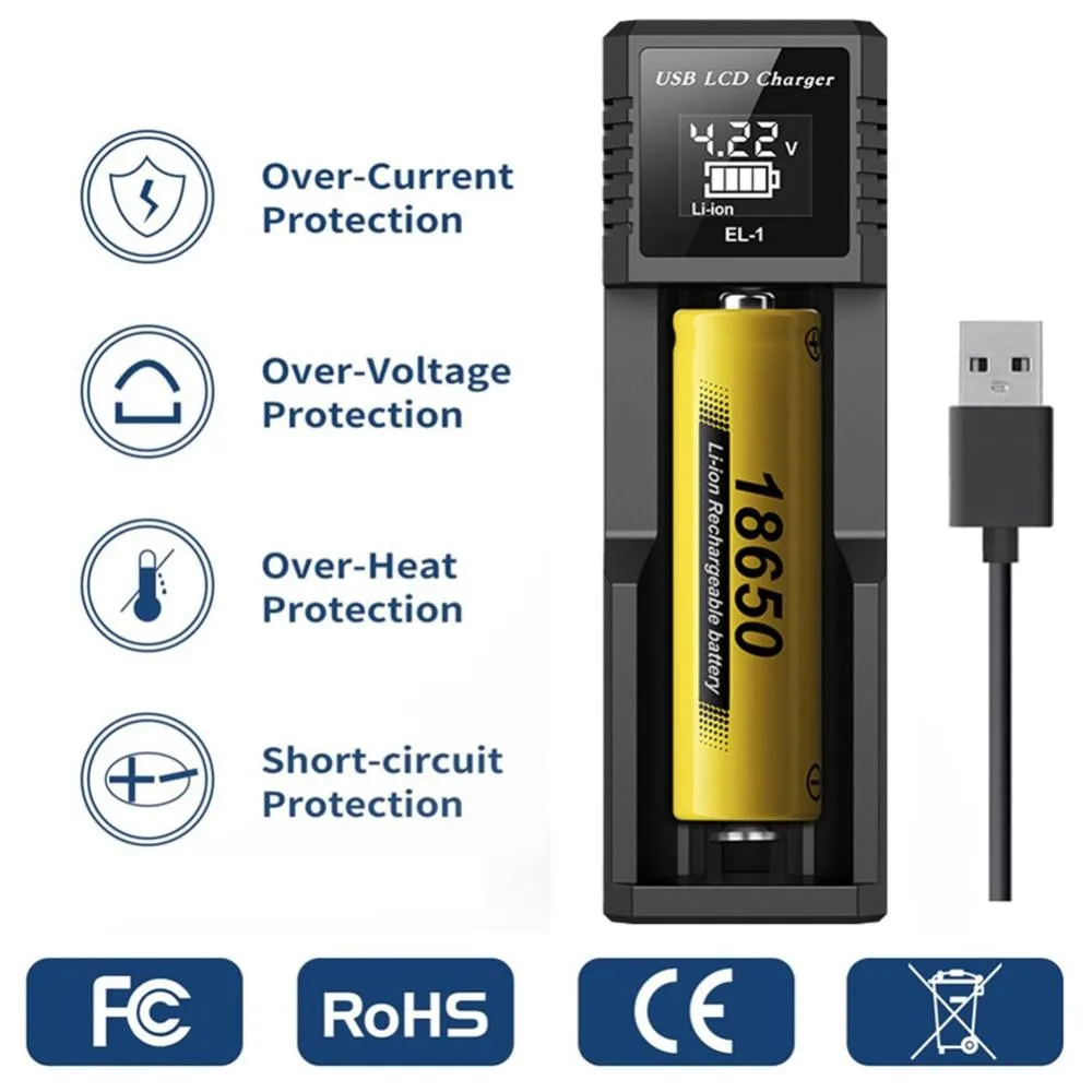 USB Battery Charger with LCD Screen 1/2 Slots Dual Charger For Rechargeable Battery 3.7V 18650 18700 Lithium 1.2V AA AAA