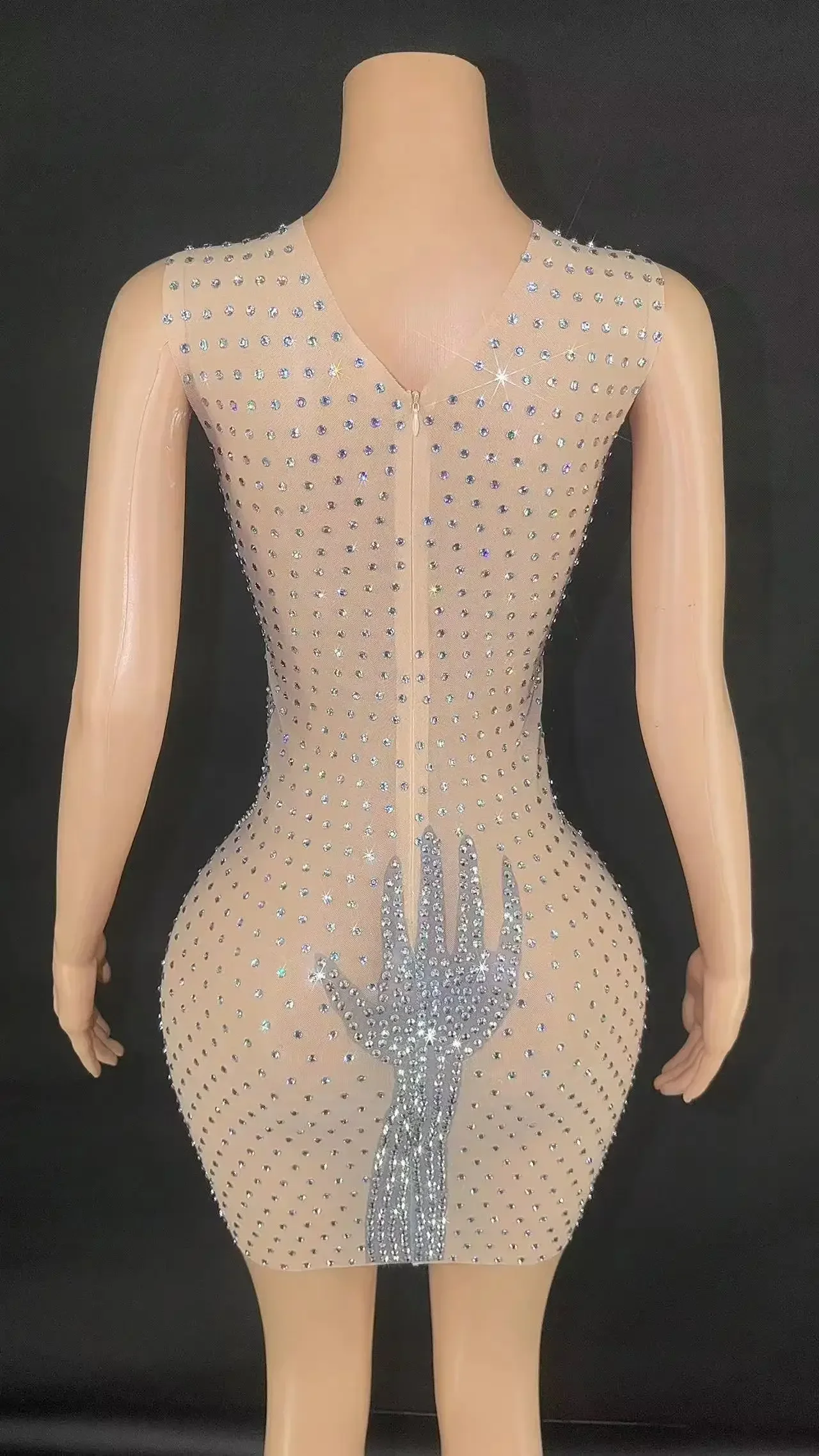 Sexy See Through Mesh Sheath Mini Dress Luxury Diamonds Evening Party Performance Costume Nightclub Singer Dancer Stage