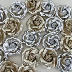 5Pcs 6cm Gold Silver PU Leather Rose Flower Artificial Camellia DIY Handmade Brooch Apparel Accessories Bag Hair Accessories